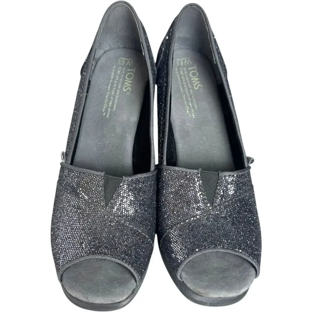 Toms Pewter Embellished Glitters Peep Toe Wedge Pumps Silver Women's Size 6.5